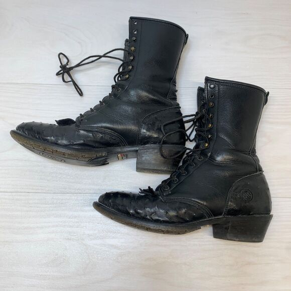 Double H Packer Boots Lacer Mens 10B Black Leather Western Cowboy Kiltie Ostrich main image 10